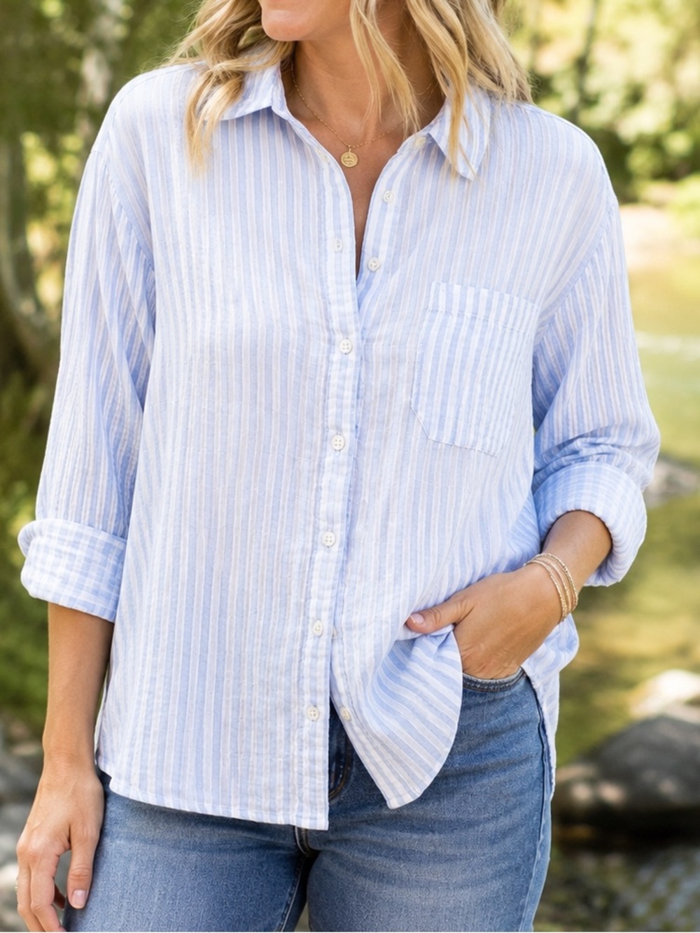 Old Navy Oversized BF Shirt Women’s S Blue White Stripe Cotton Gauze Button-Up